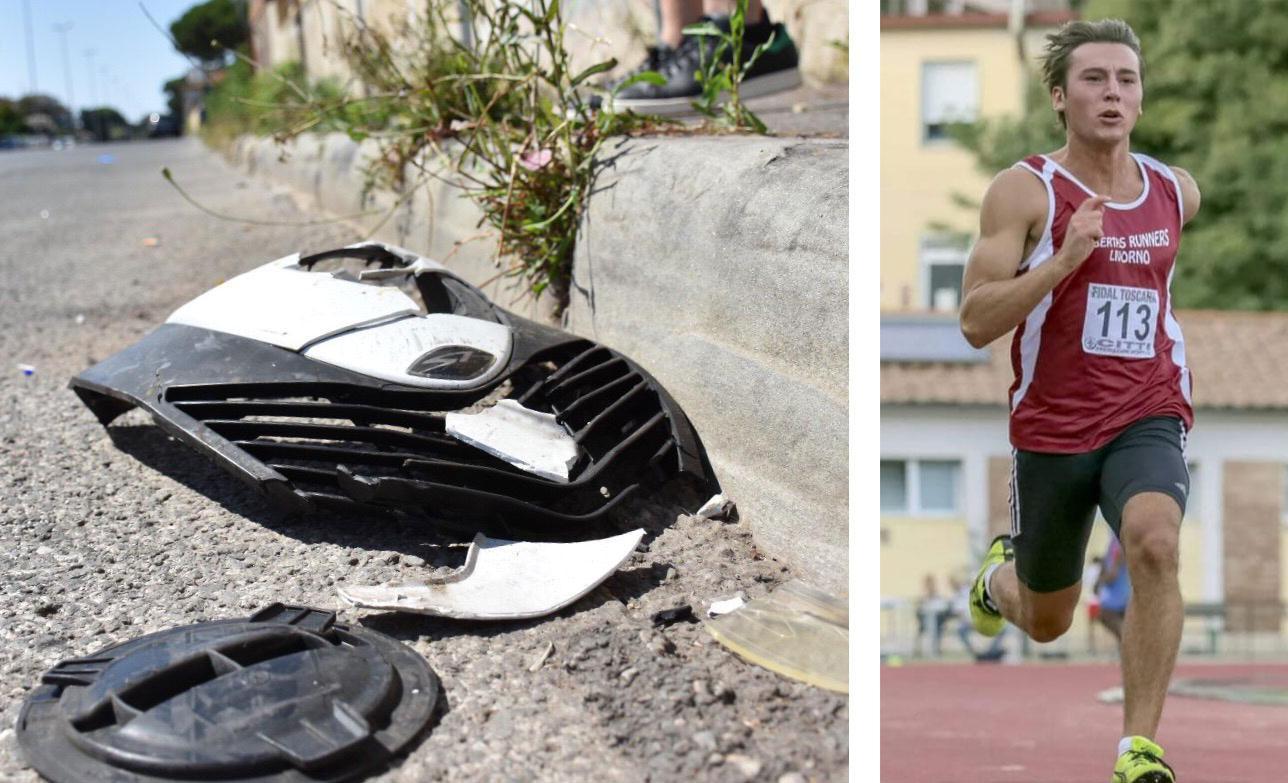 Nella foto a sinistra i detriti del motorino, a destra la vittima Andrea Matteucci (foto Trackarena)
