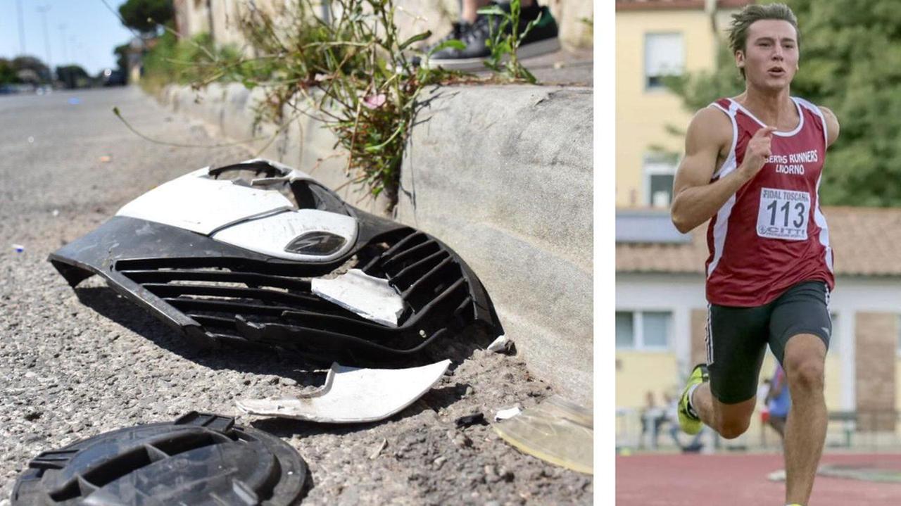 Nella foto a sinistra i detriti del motorino, a destra la vittima Andrea Matteucci (foto Trackarena)