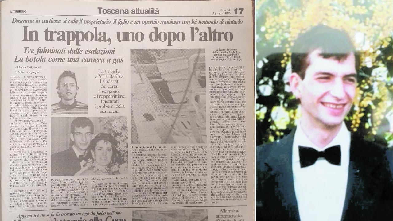 La pagina del tirreno con la tragica notizia e Sergio Rossi