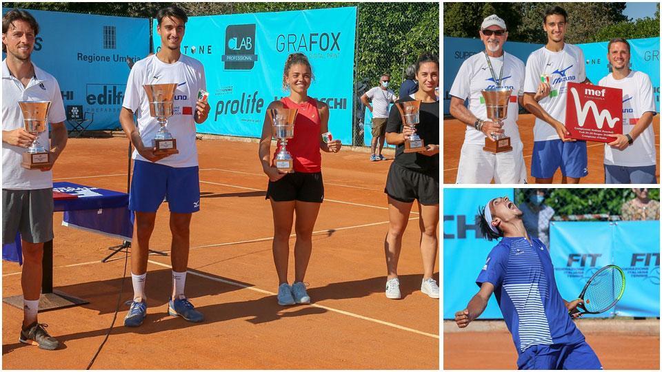 I quattro finalisti dei campionati italiani di tennis: da sinistra Arnaboldi, Sonego, Jasmine Paolini e Martina Trevisan. In alto il campione piemontese, numero 46 delle classifiche mondiali e grandissimo
favorito del tabellone maschile, viene premiato al termine della finale. A destra l’urlo liberatorio di Sonego, che conquista il primo torneo ufficiale del post-Covid