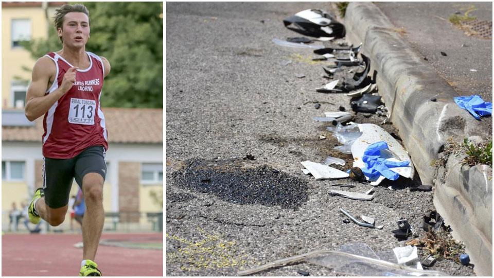 Andrea Matteucci e i detritid ello scooter e dell’auto coinvolti nell’incidenti ai lati di via dei Pensieri, all’incrocio con via Machiavelli