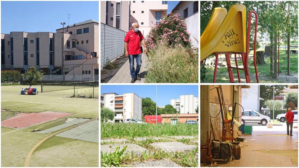 Campo di calcio che ha bisogno di lavori urgenti affinché possa essere riutilizzato dalle società sportive, parco giochi in stato di abbandono e pericoloso per i bambini che volessero usufruirne, strade contanti problemi di rifiuti e oggetti che andrebbero tolti dalla pubblica via per l’igiene