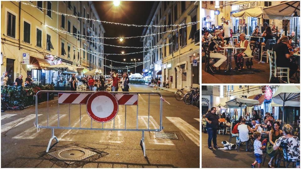 Il tratto pedonale di Borgo Cappuccini sabato sera tra le 22 e le 23: quasi deserto, se non per gli avventori di bar e ristoranti che hanno potuto gustarsi in santa pace la loro bevuta o la loro cena senza il rumore delle auto