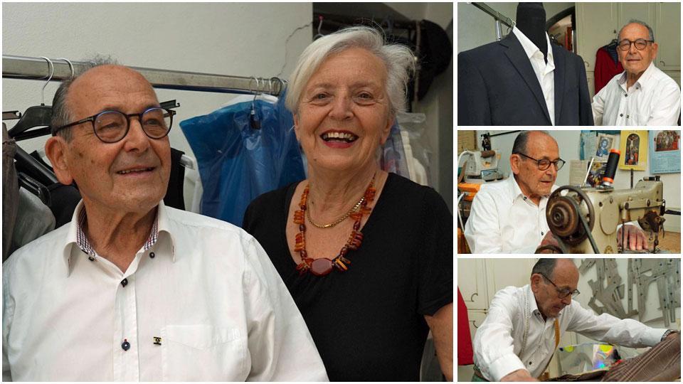 Angiolo Merlini e la moglie Marinetta, il sarto con l’ultimo abito confezionato e al lavoro davanti alla macchina da cucire e al tavolo del taglio della stoffa