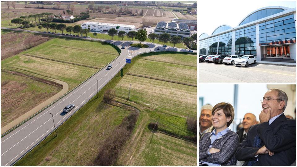 L’area interessata all’ampliamento del polo tecnologico, la sede di Sesa e la sindaca Barnini e il presidente Castellacci