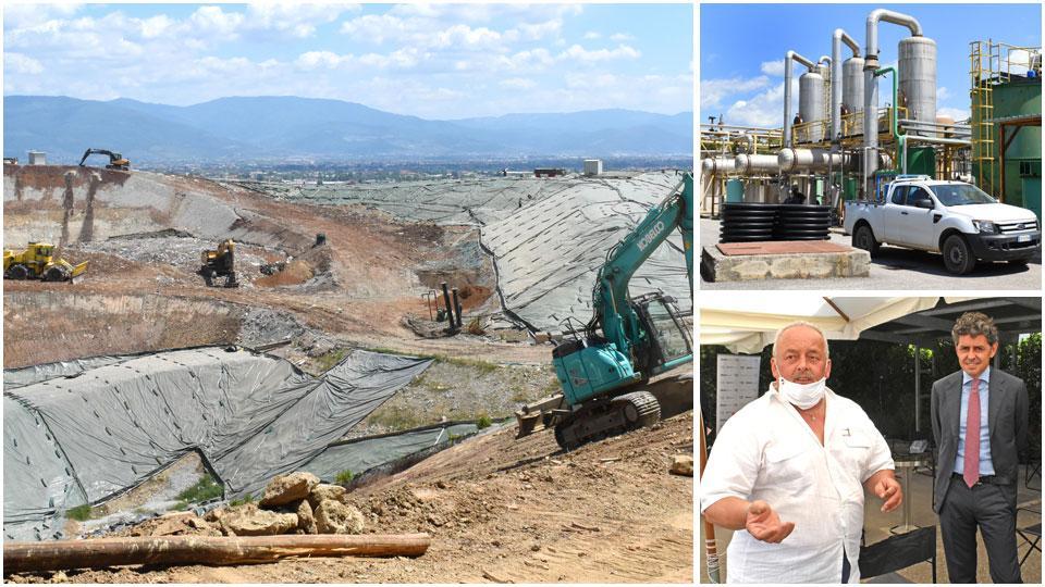 Nella foto grande e in quella in alto a destra la discarica e un impianto gestiti da Herambiente, nella foto a destra in basso il sindaco Piero Lunardi e l’amministratore delegato di Herambiente, Andrea Ramonda