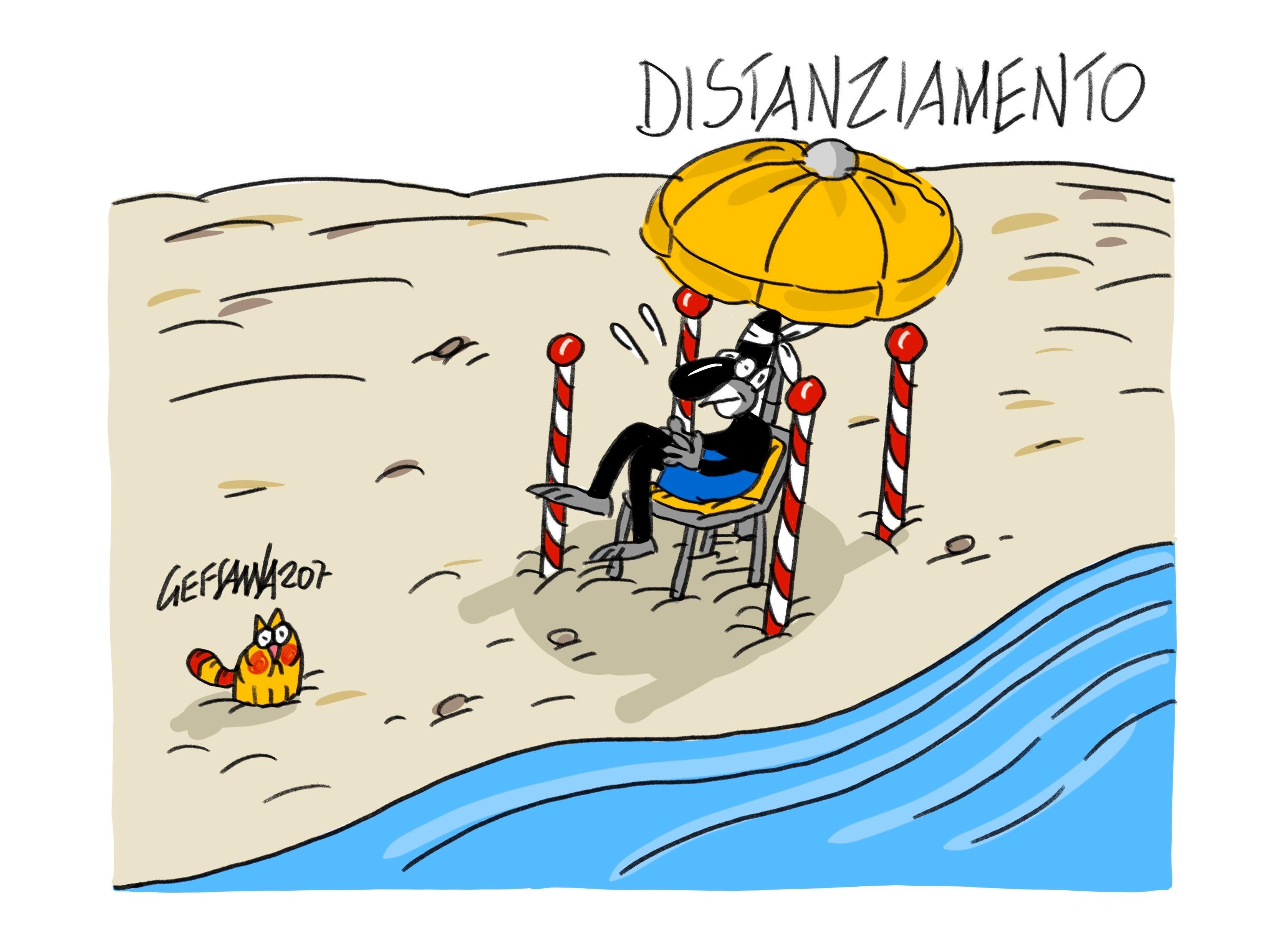 La vignetta di Gef: in vendita il distanziatore da spiaggia, lo ha inventato un sardo