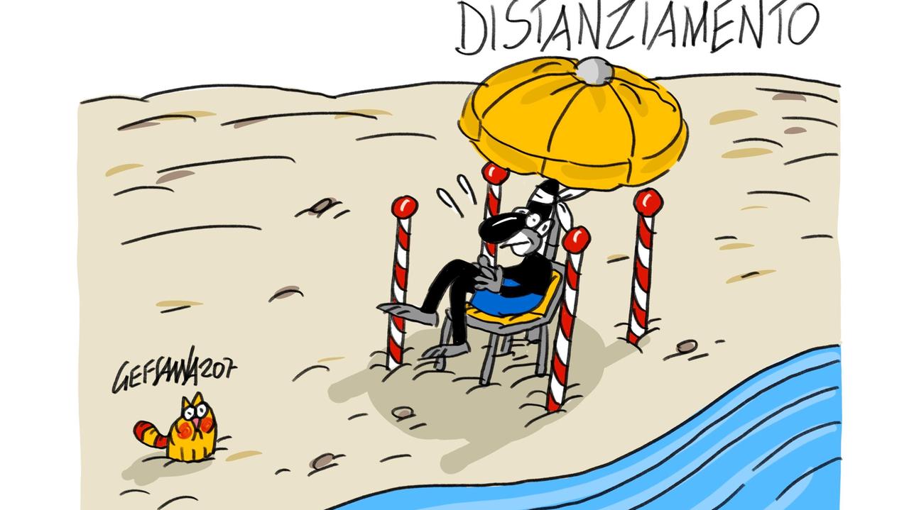 La vignetta di Gef: in vendita il distanziatore da spiaggia, lo ha inventato un sardo