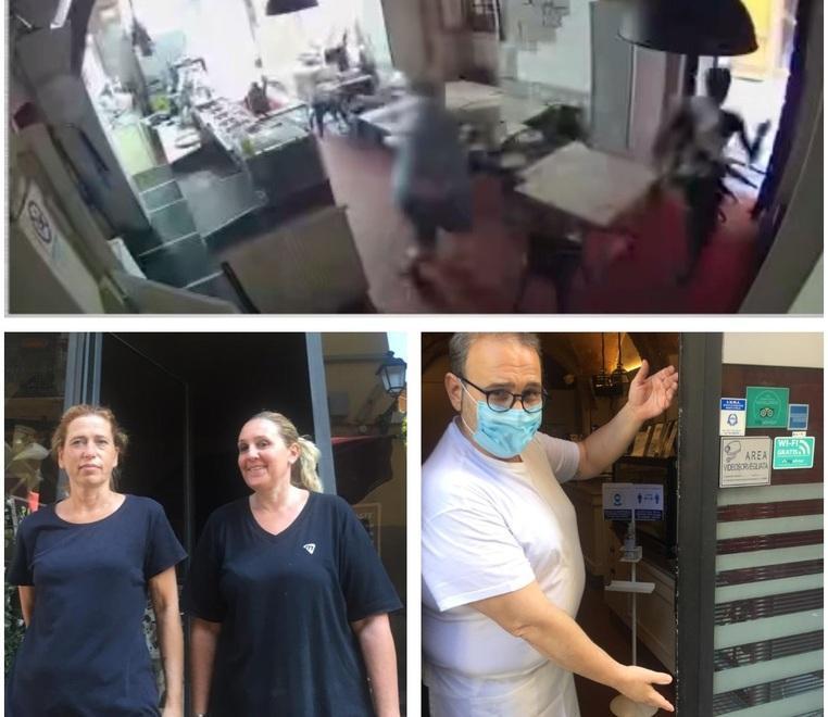 Nella foto in alto un fermo immagine del video del ladro in pizzeria, sotto a sx Ilaria Giorgetti e Simona Paoli e a dx Giuseppe D’Auria