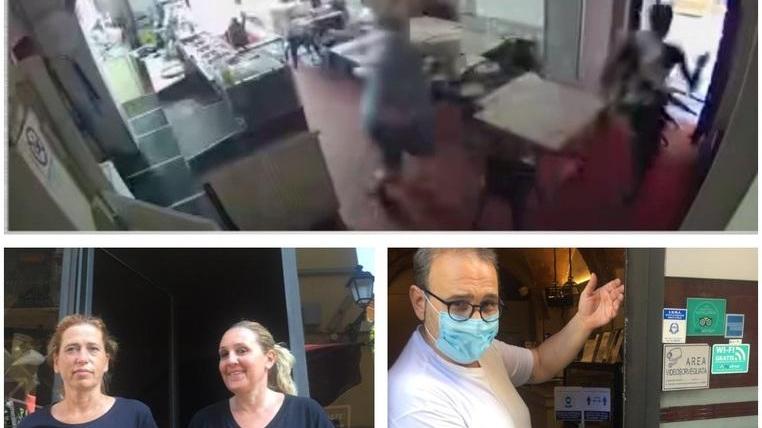 Nella foto in alto un fermo immagine del video del ladro in pizzeria, sotto a sx Ilaria Giorgetti e Simona Paoli e a dx Giuseppe D’Auria