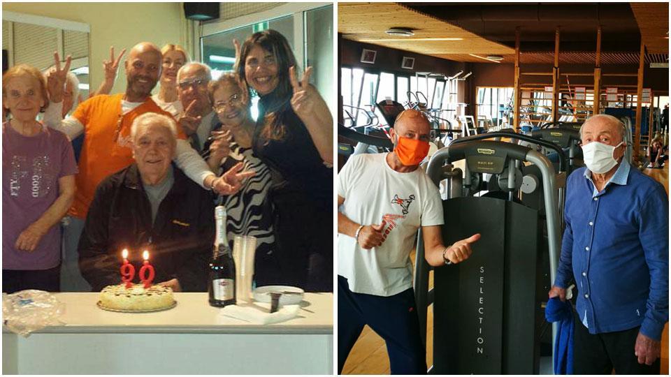 Una foto di 4 anni fa: il 90° compleanno di Enrico Colli festeggiato in palestra e l’istruttore Fabio Storti con il dottor Pierluigi Ferretti