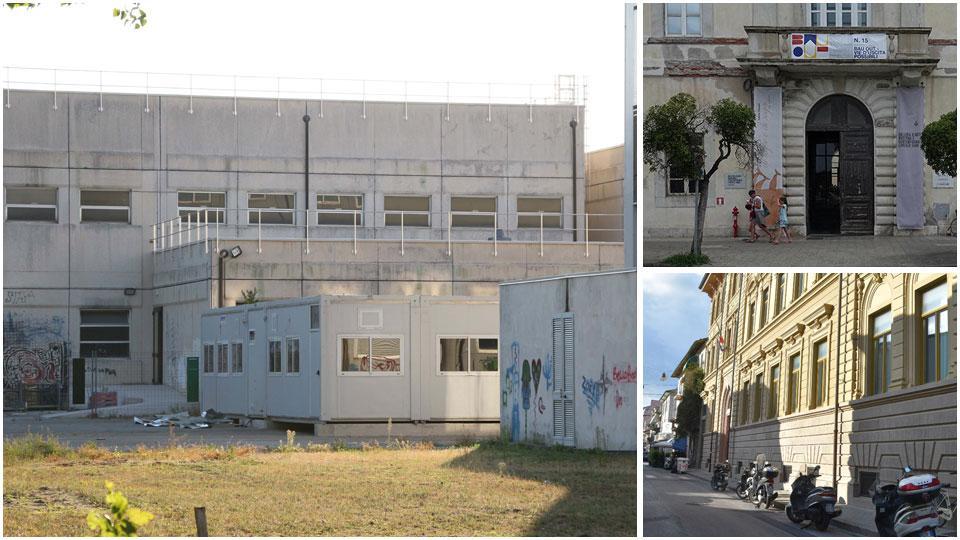 Lo spazio retrostante il liceo Galileo Chini dove già si trovano le aule nei container coibentati, l’ingresso del Palazzo delle Muse e il liceo classico Carducci di Viareggio