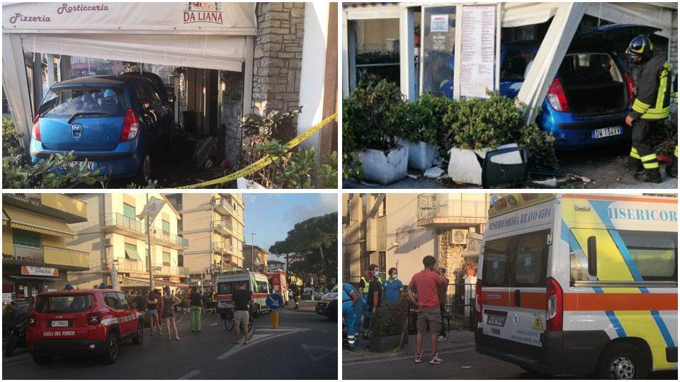 Sopra e a destra la Hyundai a fine corsa dentro il gazebo della pizzeria. Sotto gli interventi di vigili del fuoco e ambulanze per soccorrere i feriti