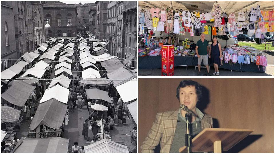 Una foto storica del mercato cittadino di Pisa ai tempi in cui si svolgeva in piazza San Paolo all’Orto; Franco Palermo e la moglie Gabriela Dolfi davanti al loro banco di abbigliamento per bambini e ragazzi,  Franco Palermo in una foto di parecchi anni fa che lo ritrae durante un intervento al sindacato provinciale di Pisa della Federazione Italiana Venditori Ambulanti (il commerciante è oggi presidente provinciale della Fiva Confcommercio)