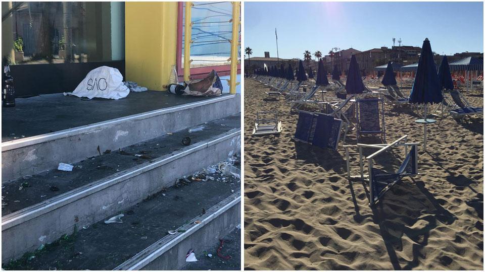 I gradini del cantiere Codecasa dopo i bivacchi di sabato notte in Darsena, la spiaggia di piazza Mazzini, a Viareggio, visitata dai vandali che hanno anche svuotato i contenitori dei rifiuti.