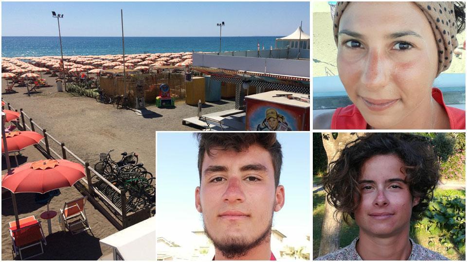Il tratto di mare di fronte alla Donna di Cuori ed i bagnini intervenuti ieri pomeriggio: Carolina Caniglia, Lucrezia Maludrottu e Marco Gaziano.
