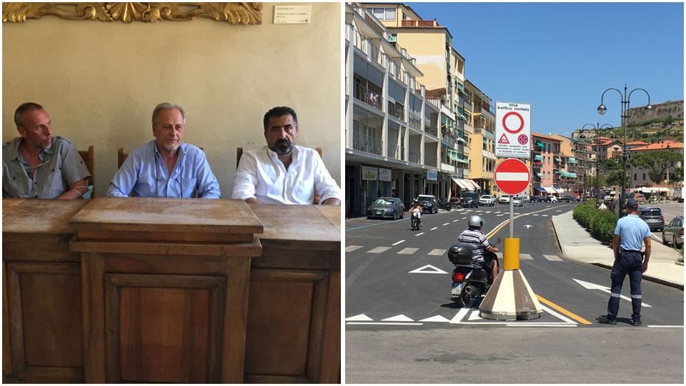 Da sinistra a destra l’assessore Leo Lupi, il sindaco Angelo Zini e il vicesindaco Luca Baldi e il nuovo senso unico in Calata Italia