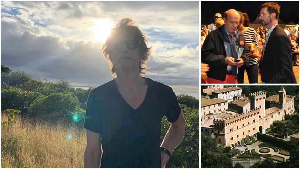 Mike Jagger , leader dei Rolling Stones, in una foto dal suo profilo ufficiale Instagram, Gaddo e Manfredi della Gherardesca e lo splendido castello dei della Gherardesca nella campagna attorno a Castagneto Carducci