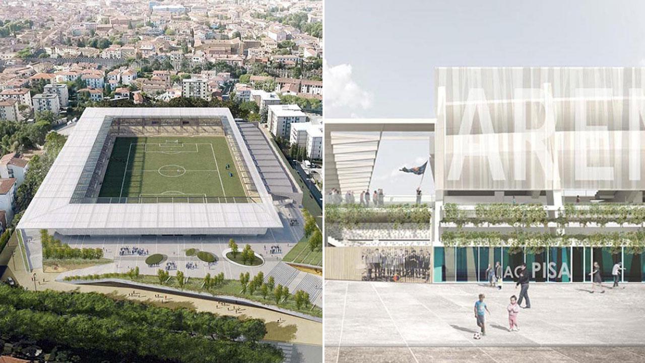 Nella foto a sinistra il progetto della nuova Arena, a destra uno scorcio esterno dal rendering del nuovo stadio