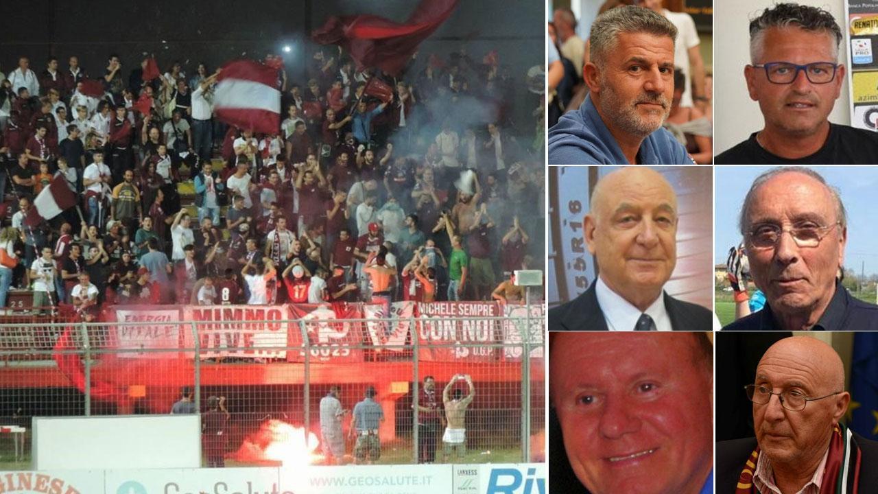 Una bella immagine di tifosi della squadra granata sugli spalti dello stadio Ettore Mannucci. Nelle foto a destra dall'alto partendo da sinistra Emilio Montagnani, Simone Di Bella e Fabio Falorni; gli altri tre componenti del nuovo gruppo societario: Piero Gradassi, Vito Consoloni e Marcello Pantani