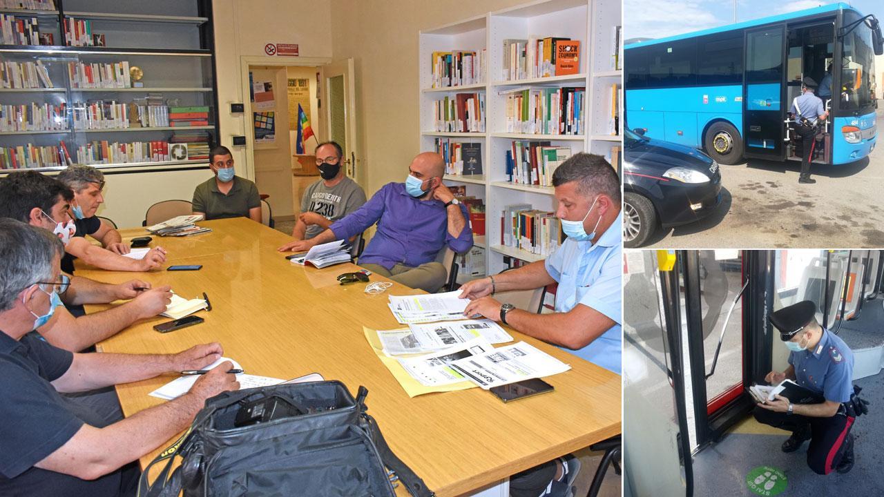 Un momento della conferenza stampa dei sindacati trasporti. A destra, controlli dei carabinieri dopo altrettanti episodi di aggressione sugli autobus Copit (foto Gori)