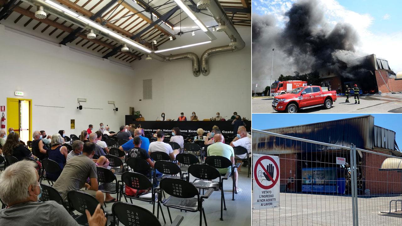 In alto la riunione che si è tenuta la sera del 7 luglio nella sala Sefi a Venturina Terme con i residenti evacuati dalla zona investita dai fumi dell’incendio che il 3 luglio ha distrutto il capannone del bazar
Jai Jai Mai in via Indipendenza; i vigili del fuoco in azione e l’area transennata dopo il rogo