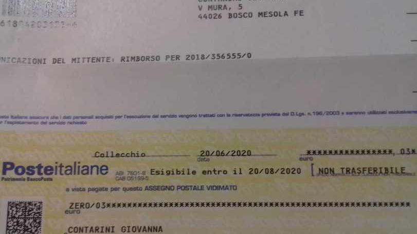 Un assegno di tre centesimi per il rimborso di una utenza