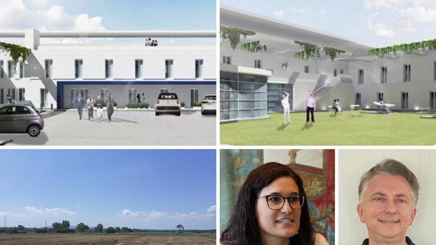 In alto i rendering della nuova Rsa; qui sopra il terreno in cui verrà costruita, la sindaca Francesca Brogi e Sergio Bariani del Gruppo Gheron