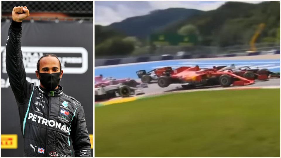 Il pugno alzato di Lewis Hamilton dopo l’arrivo e il momento dello scontro tra Leclerc e Vettel