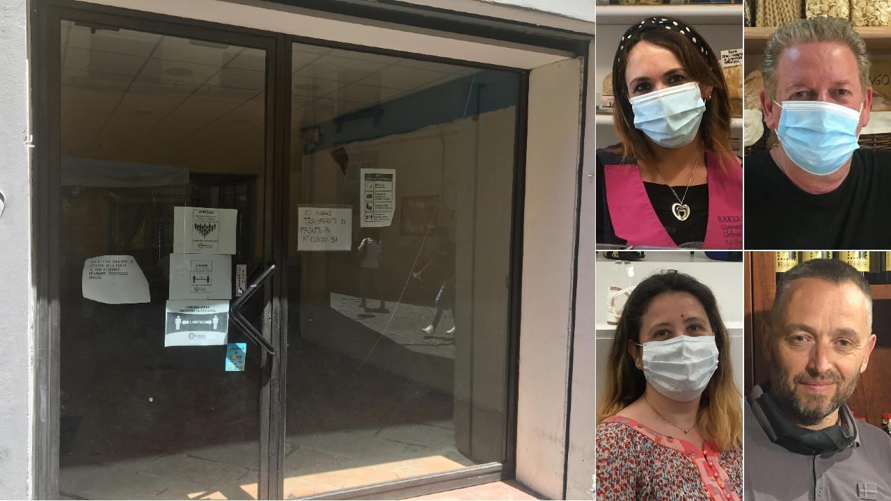 A sinistra un fondo sfitto in via San Paolino. A destra, in alto: Eva Moretti e Walter Brondi; in basso: Chiara Michelotti e Alaine Charlotte