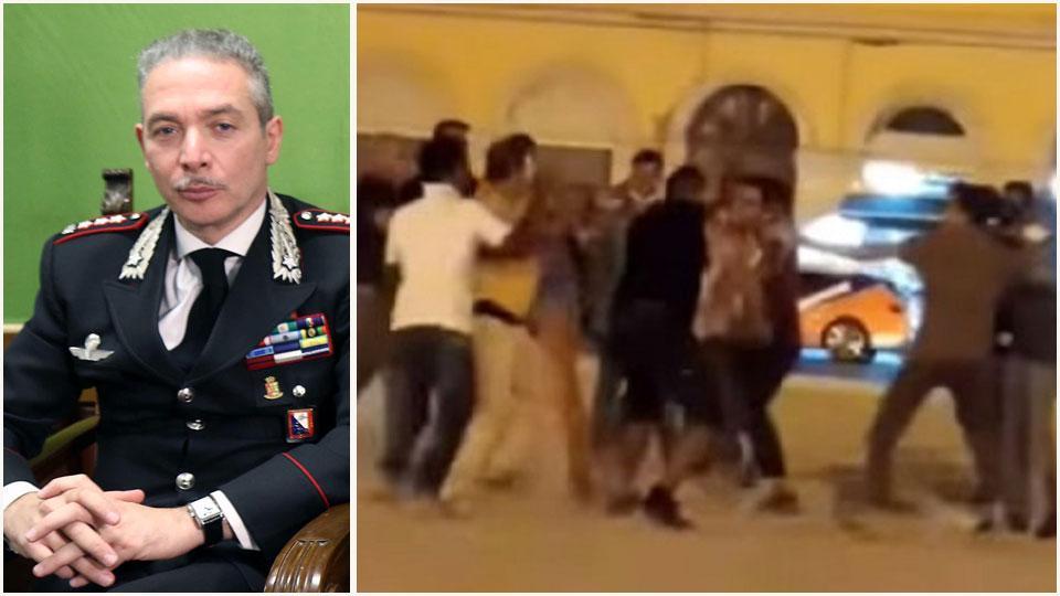 Il colonnello dei Carabinieri Massimiliano Sole, comandante provinciale, e un fermo immagine girato da un cittadino sudamericano della rissa scoppiata in piazza della Repubblica, con il consigliere comunale aggiunto Shaha Polas ferito