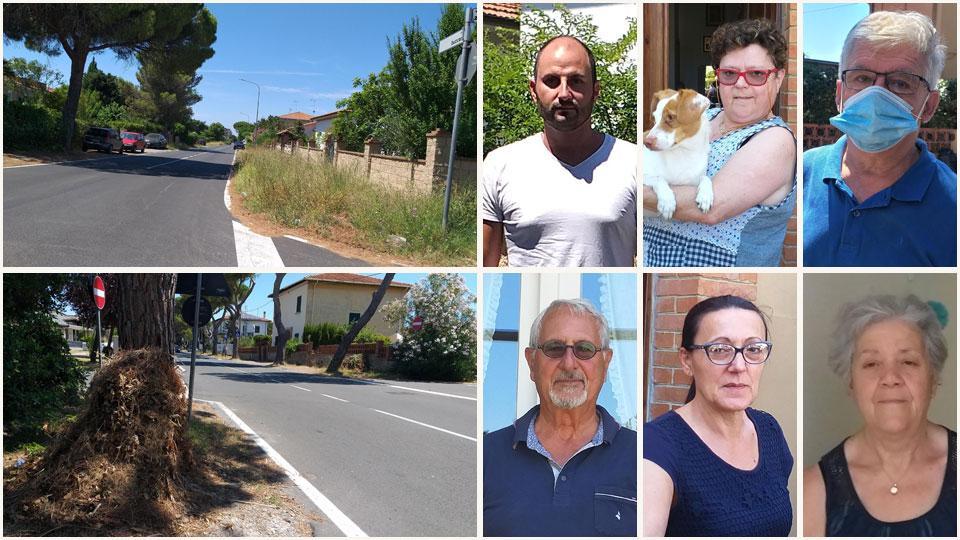 Il rifacimento dell’asfalto su via Buccari è terminato due anni fa. I residenti chiedono che anche le banchine laterali siano sistemate. In alto l’erba alta a lato della strada e cumuli di aghi di pino, Luca Favilli, Manuela Bertini, Gennaro Moretti, Vincenzo Simone, Francesca Galesi e Neda Tonarini