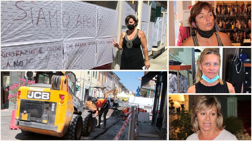 Simona Gemignani davanti al suo negozio, il cantiere aperto in via Fratti, Simona Gemignani, Francesca Barsotti e Lisa Giambastiani