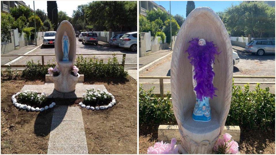 La statua della Madonna installata all’Iliveto e la statuina con il boa di struzzo al collo