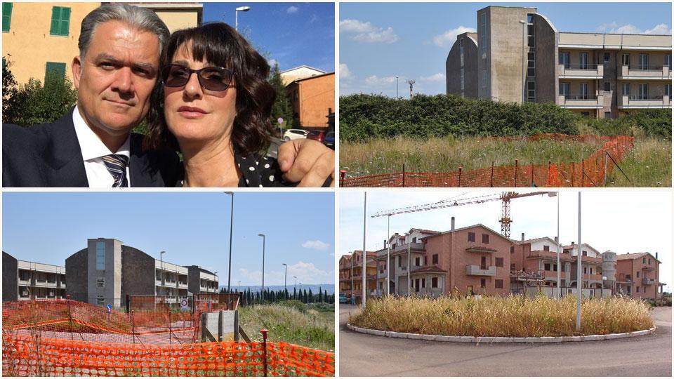 Cinzia Martini, l’ideatrice del progetto Villa Martini, con il compagno Roberto Romualdi, la rete arancione cinge il lotto sui cui sorgerà la Rsa e su cui Fidia srl ha già aperto il cantiere e il quartiere che “guarda” Villa Martiniun’altra prospettiva del lotto