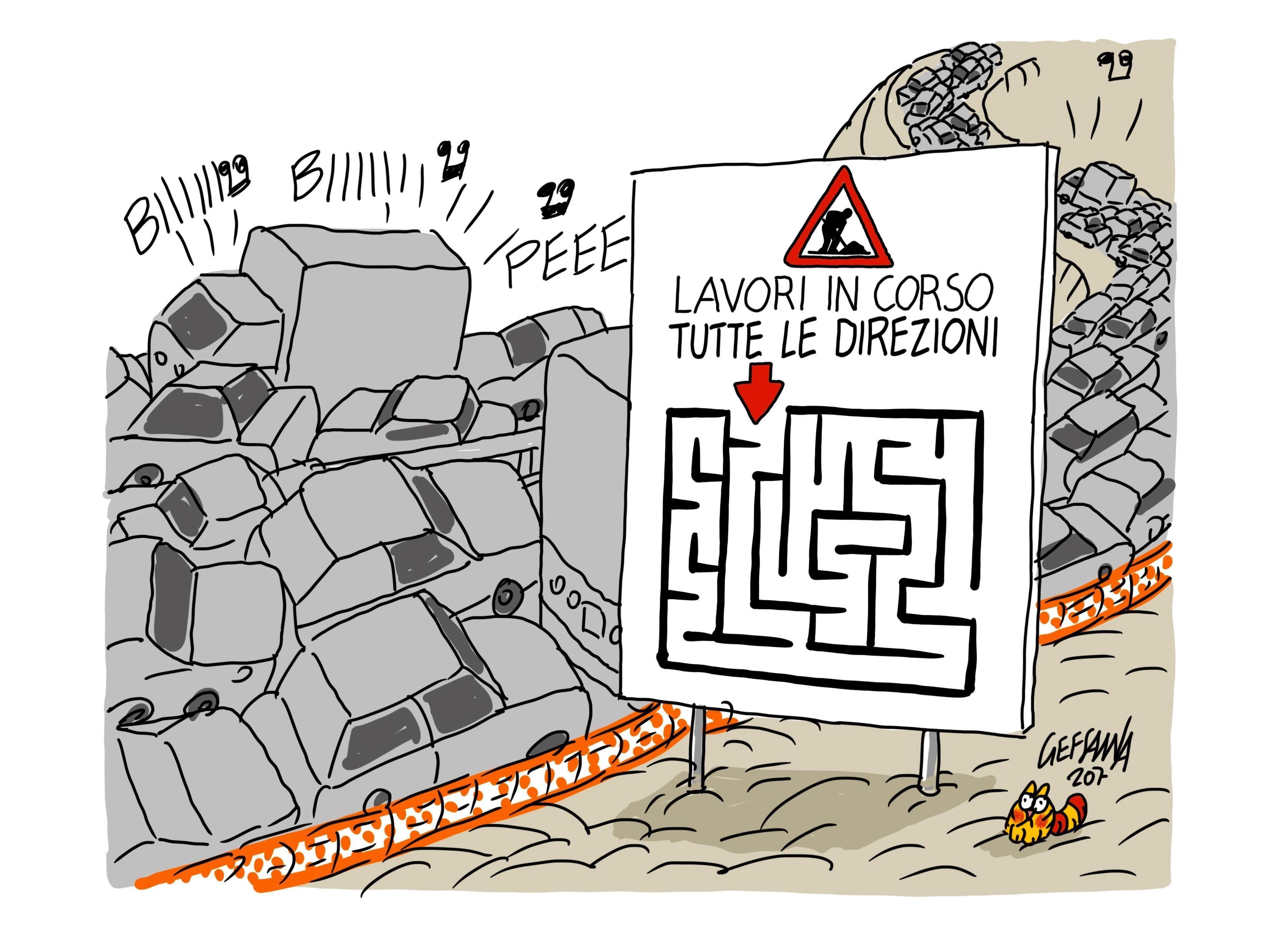 La vignetta di Gef: lavori in corso sulla 131 e traffico in tilt a Sassari