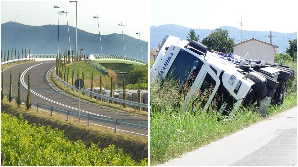 Il ponte sull’Ombrone, già realizzato e un Tir finito fuori strada