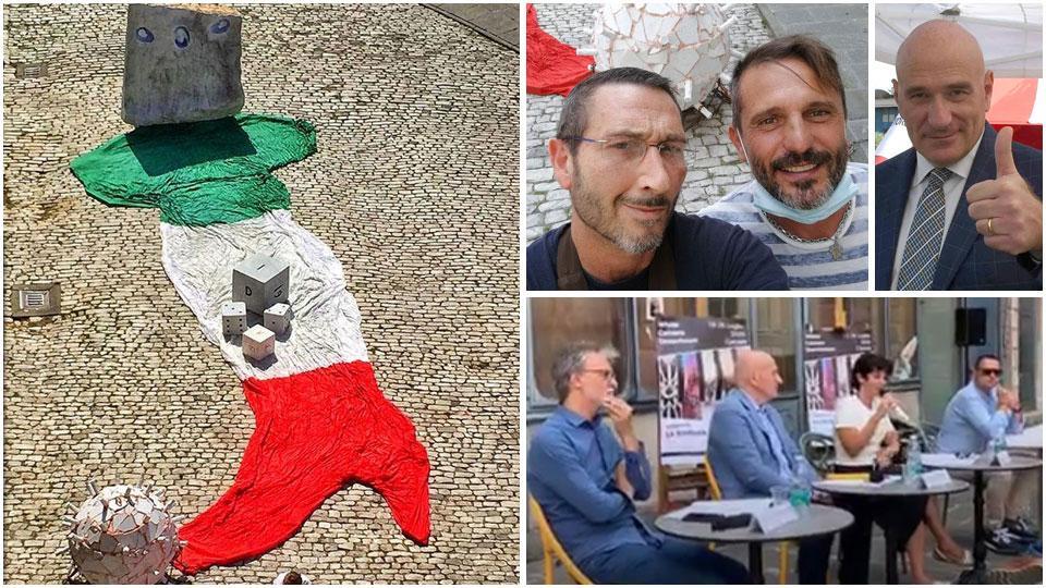 L’opera di Monfroni che dà un calcio simbolico al Covid, il selfie di Monfroni e Ghinoi, in platea alla presentazione anche la figlia di Lorenzani, Giulia