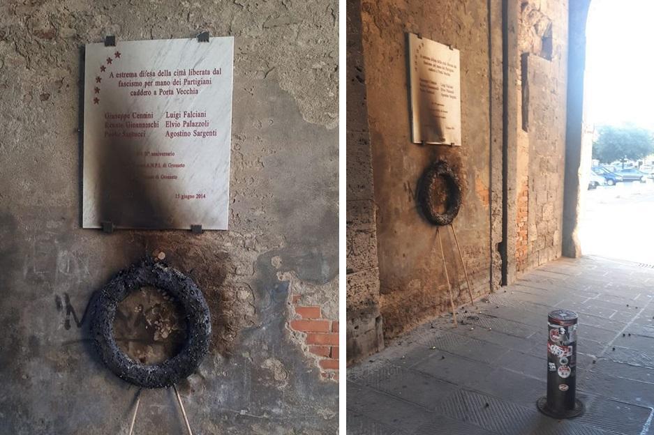 Incendiata la corona per i partigiani, danni alla lapide e alle Mura 