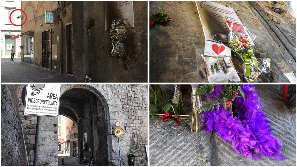 Fiori, disegni e messaggi alla lapide per i partigiani bruciata domenica, la telecamera (nel cerchio), il cartello di avviso e il boa viola apparso per pochi istanti