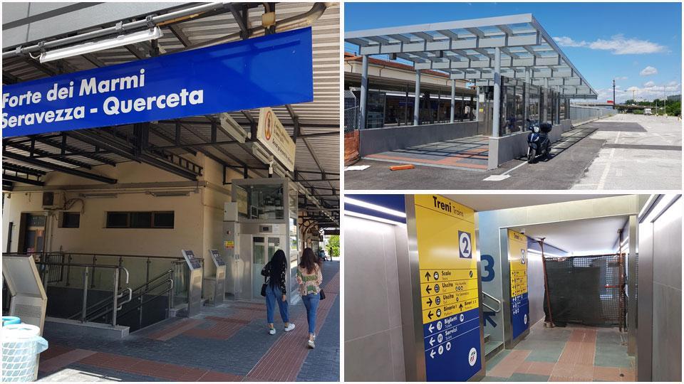 Tre zone della stazione di Querceta, modernizzata con la prima fase di lavori appena conclusi: scale nuove (a due rampe), ascensori, pannelli informativi e pensilina esterna
