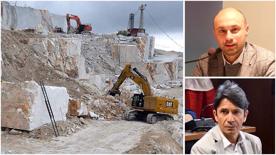 Una veduta delle cave di Carrara, il vicesindaco Matteo Martinelli e Stefano Dell’Amico presidente della commissione consiliare marmo.