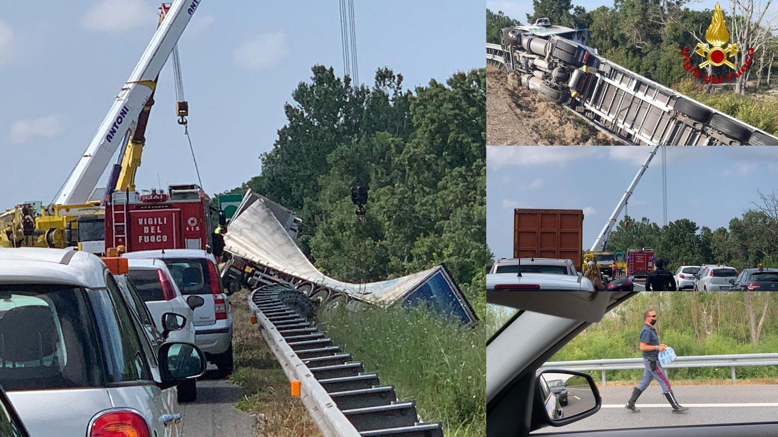 Allarme in autostrada, tir alimentato a gas si ribalta: tutti in coda a motori spenti 