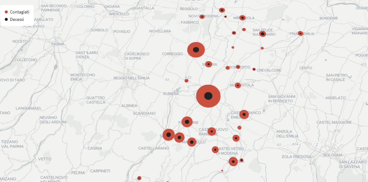 Covid-19 in provincia di Modena. La mappa di positivi e deceduti comune per comune 