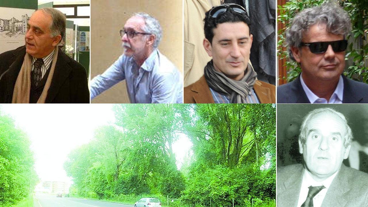 Nella foto partendo in alto da sinistra Giovanni Valentini, Maurizio Tani , Andrea Ferro, Luca Antonio Ruggi. In basso da sinistra i terreni che furono sequestrati nell’area parco di S. Anna e Sauro Doroni