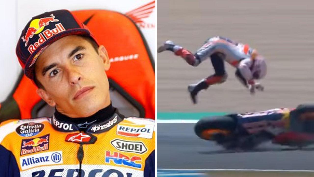 Marc Marquez e a destra la caduta domenica a Jerez