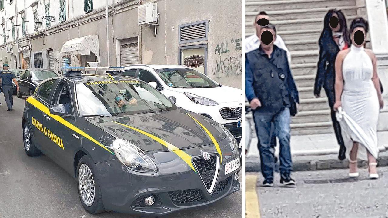 Nella foto a sinistra i militari della guardia di finanza durante una perquisizione in piazza Garibaldi, a destra uno dei presunti matrimoni combinati celebrati in Comune a Livorno