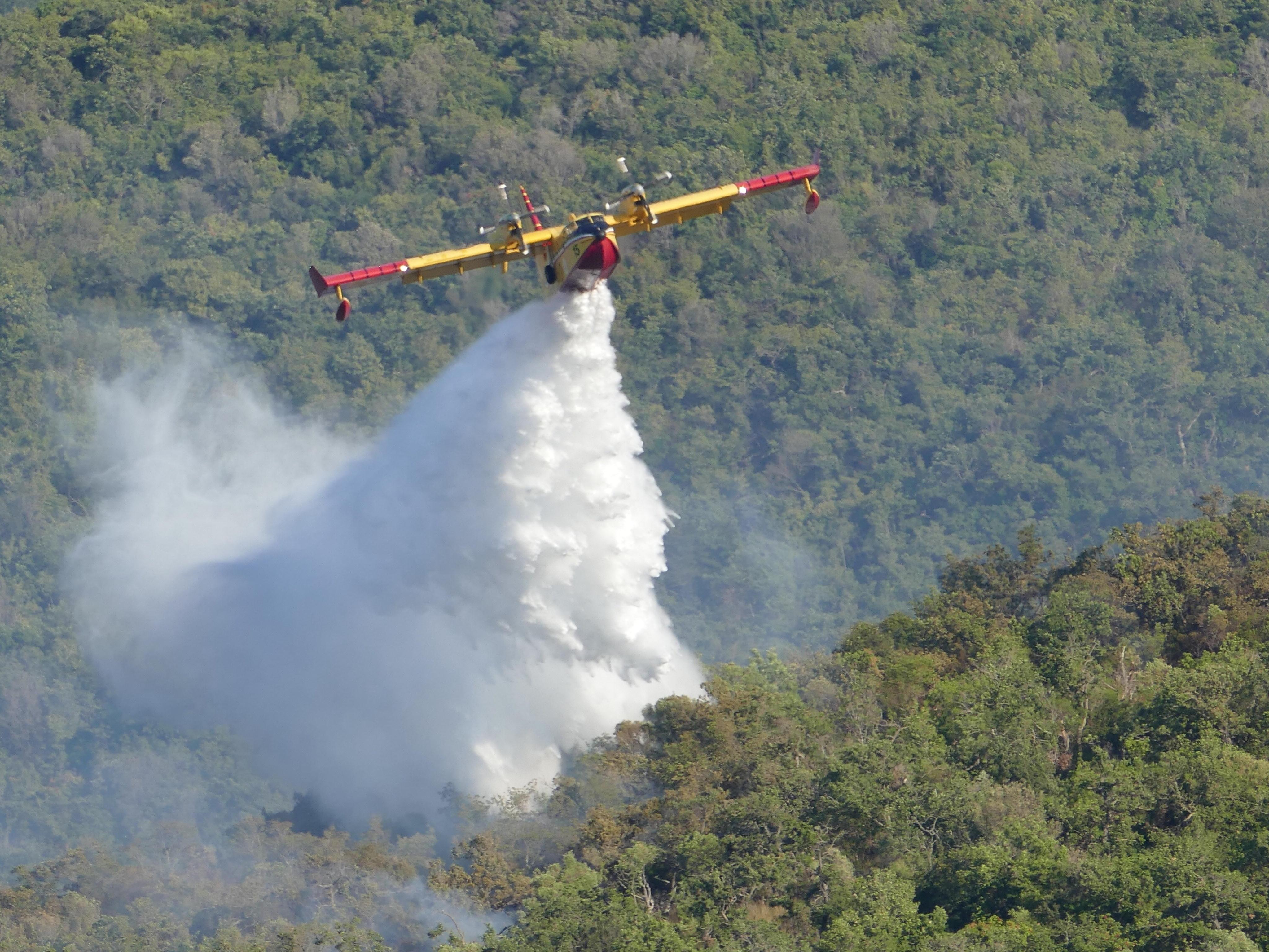Un canadair in azione sull'incendio (foto Enzo Russo)