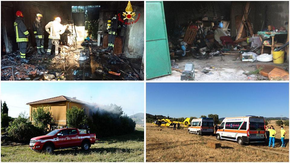 Il garage della villetta, sotto sequestro, distrutto dall’esplosione, L’elisoccorso è atterrato direttamente nei campi di Castellina Marittima, vicino all’abitazione