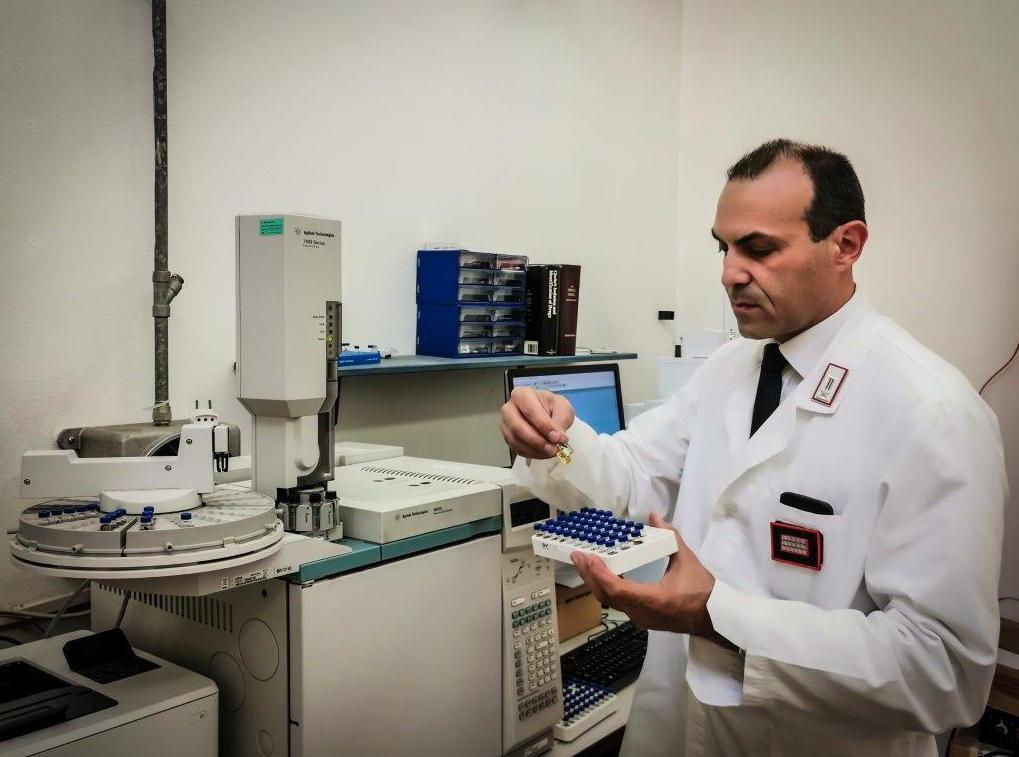 Il maresciallo Antonio Gaita nel laboratorio di analisi delle sostanze stupefacenti dei carabinieri di Grosseto